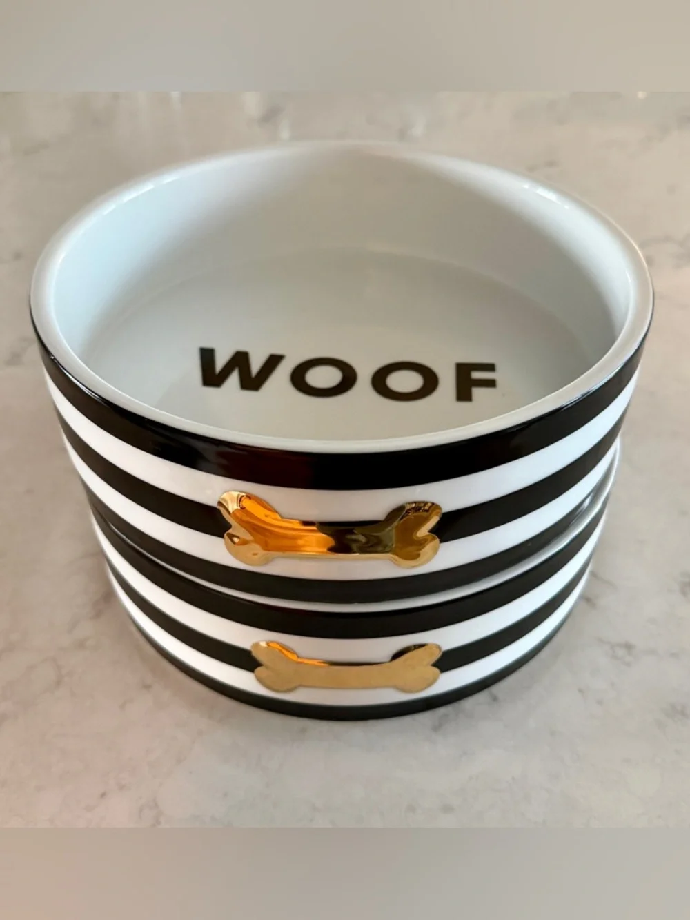 Pottery Barn Striped Ceramic Pet Bowls - Black, White & Gold Accent - like NEW!